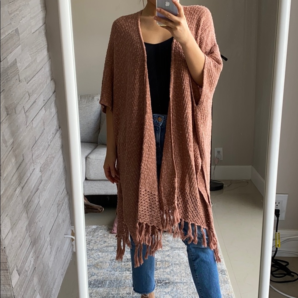 Mauve Pink Knit Cardigan with Fringe